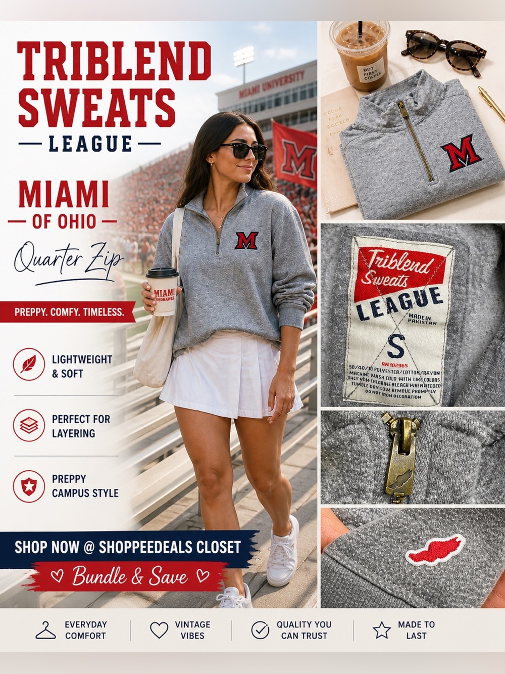 Triblend Sweats League Miami of Ohio Crown Comfort Quarter-Zip Pullover